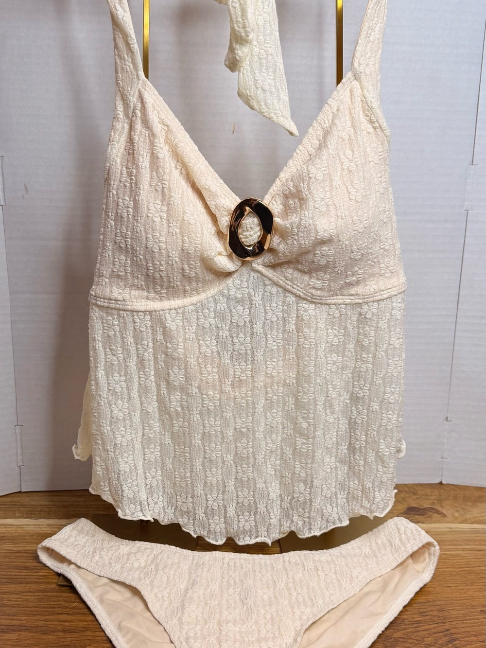 🤍🌊☀️Samiol Off White Floral Lace Halter Tankini & Bikini 2-Piece Swimsuit XL